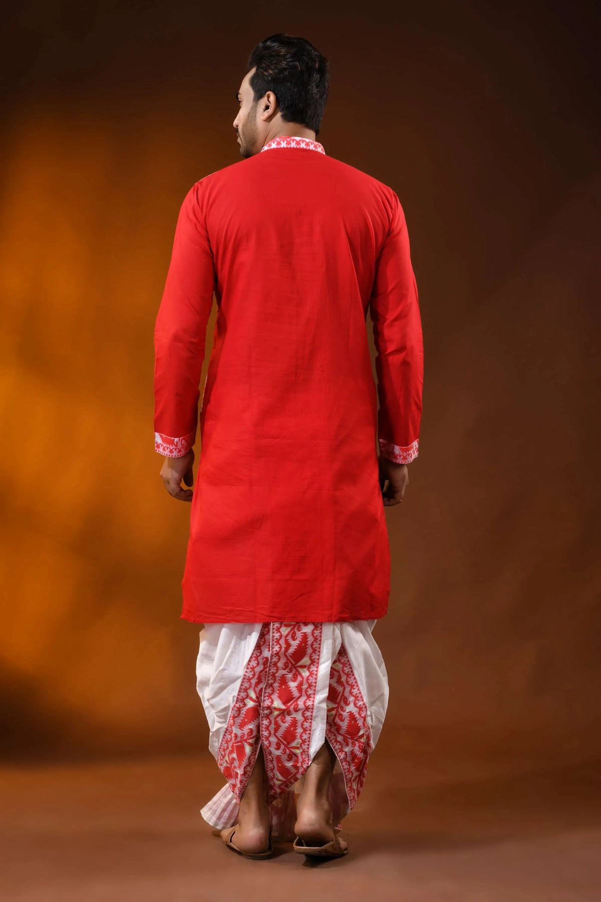 Scarlet red pure cotton jamdani kurta for men with ethnic design 6
