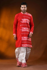 Scarlet red pure cotton jamdani kurta for men with ethnic design 1