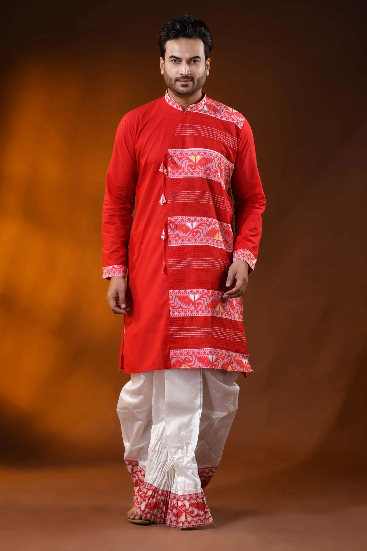 Scarlet red pure cotton jamdani kurta for men with ethnic design 1