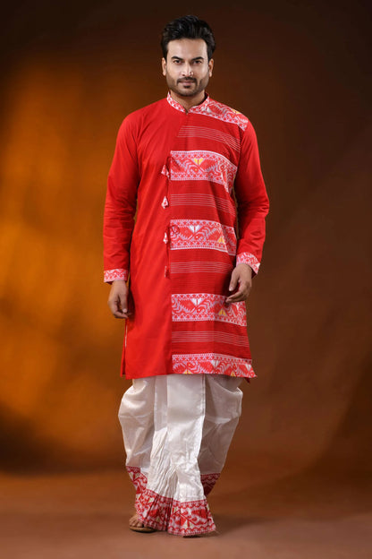 Scarlet red pure cotton jamdani kurta for men with ethnic design 1