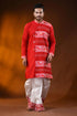 Scarlet red pure cotton jamdani kurta for men with ethnic design 1