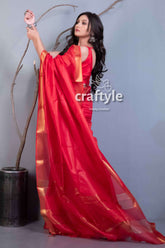 Scarlet Red Semi Silk Mangalgiri Saree for Women - Craftyle