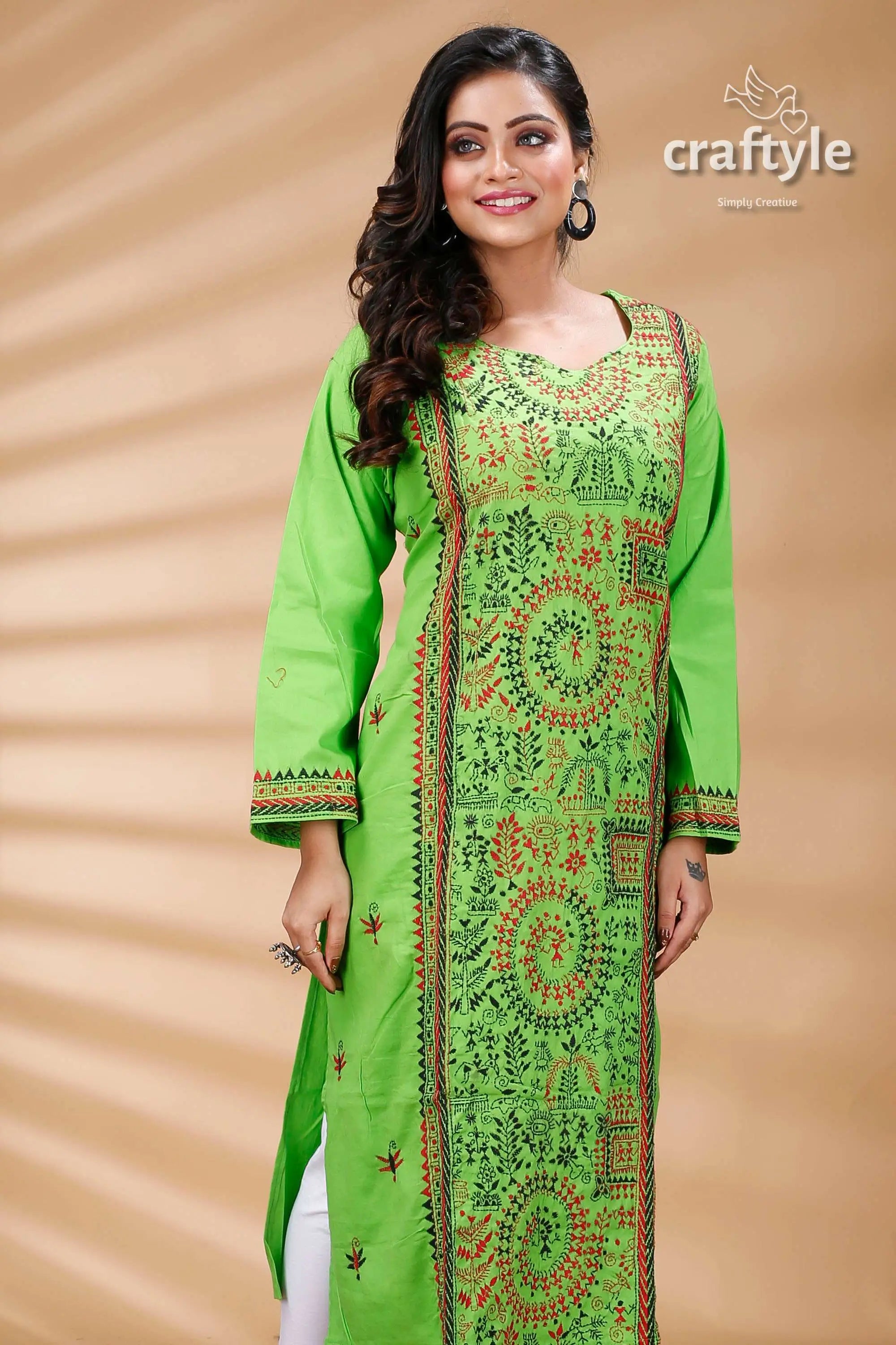 Screamin green warli pattern kantha embroidered cotton kurti green embroidered kurta 2