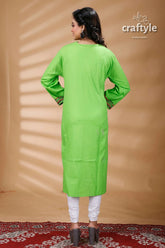 Screamin green warli pattern kantha embroidered cotton kurti green long-sleeved kurta 4