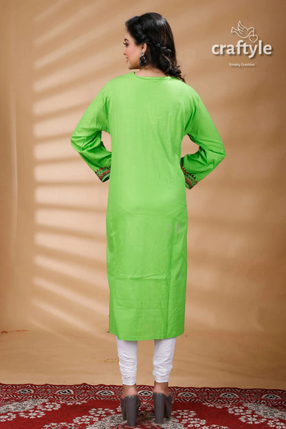 Screamin green warli pattern kantha embroidered cotton kurti green long-sleeved kurta 4