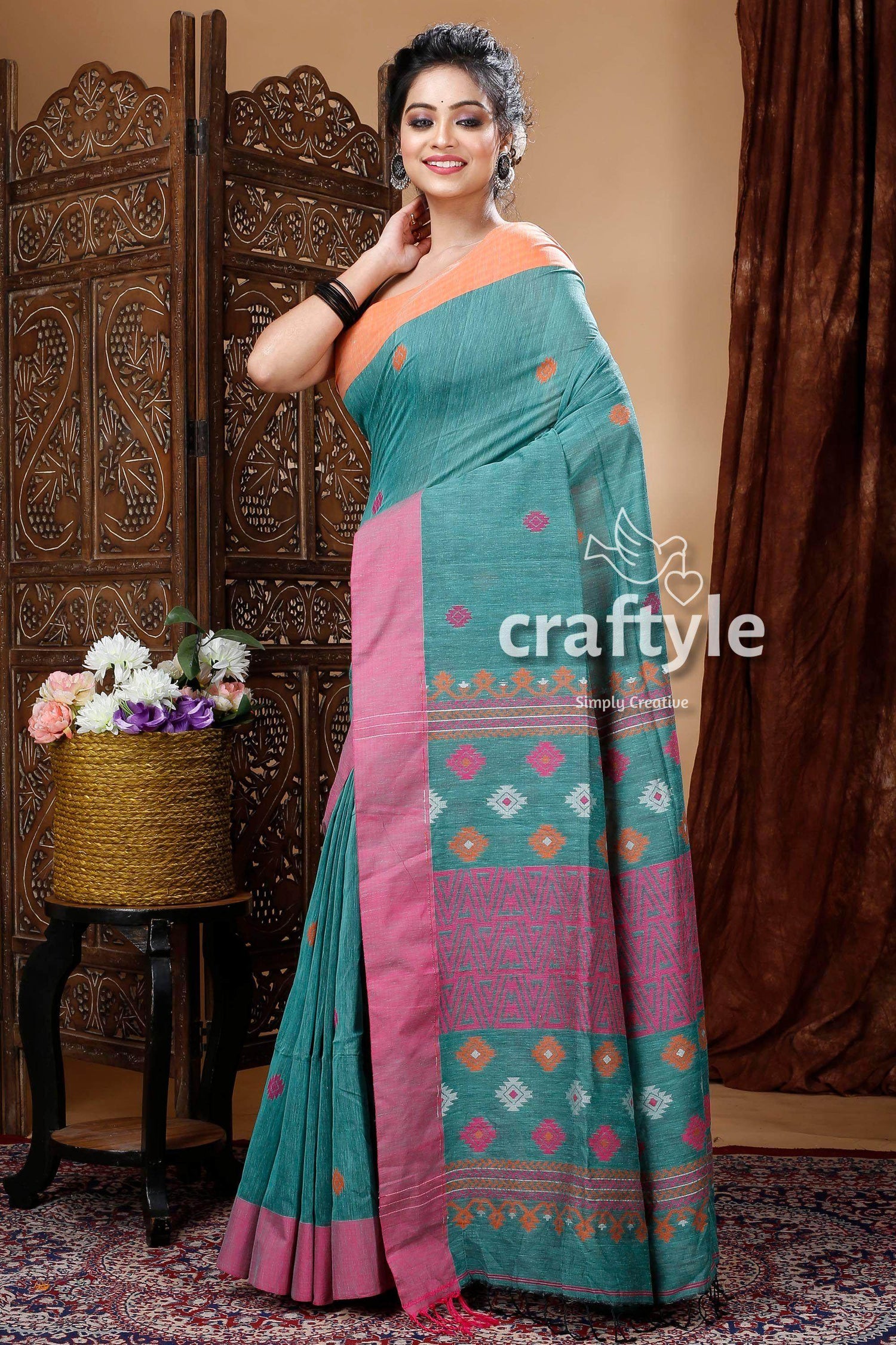 Sea Green Bengal Handloom Cotton Weave Sari-Craftyle
