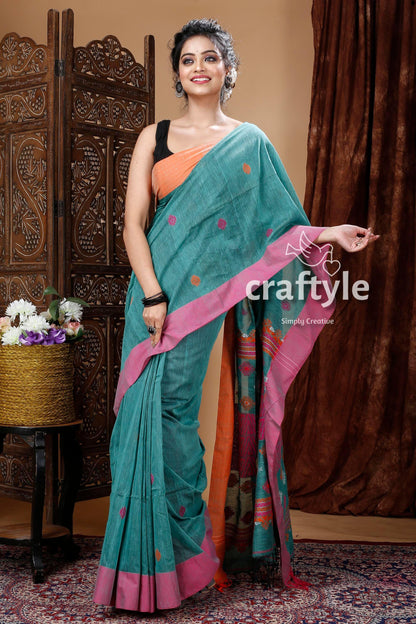Sea Green Bengal Handloom Cotton Weave Sari-Craftyle