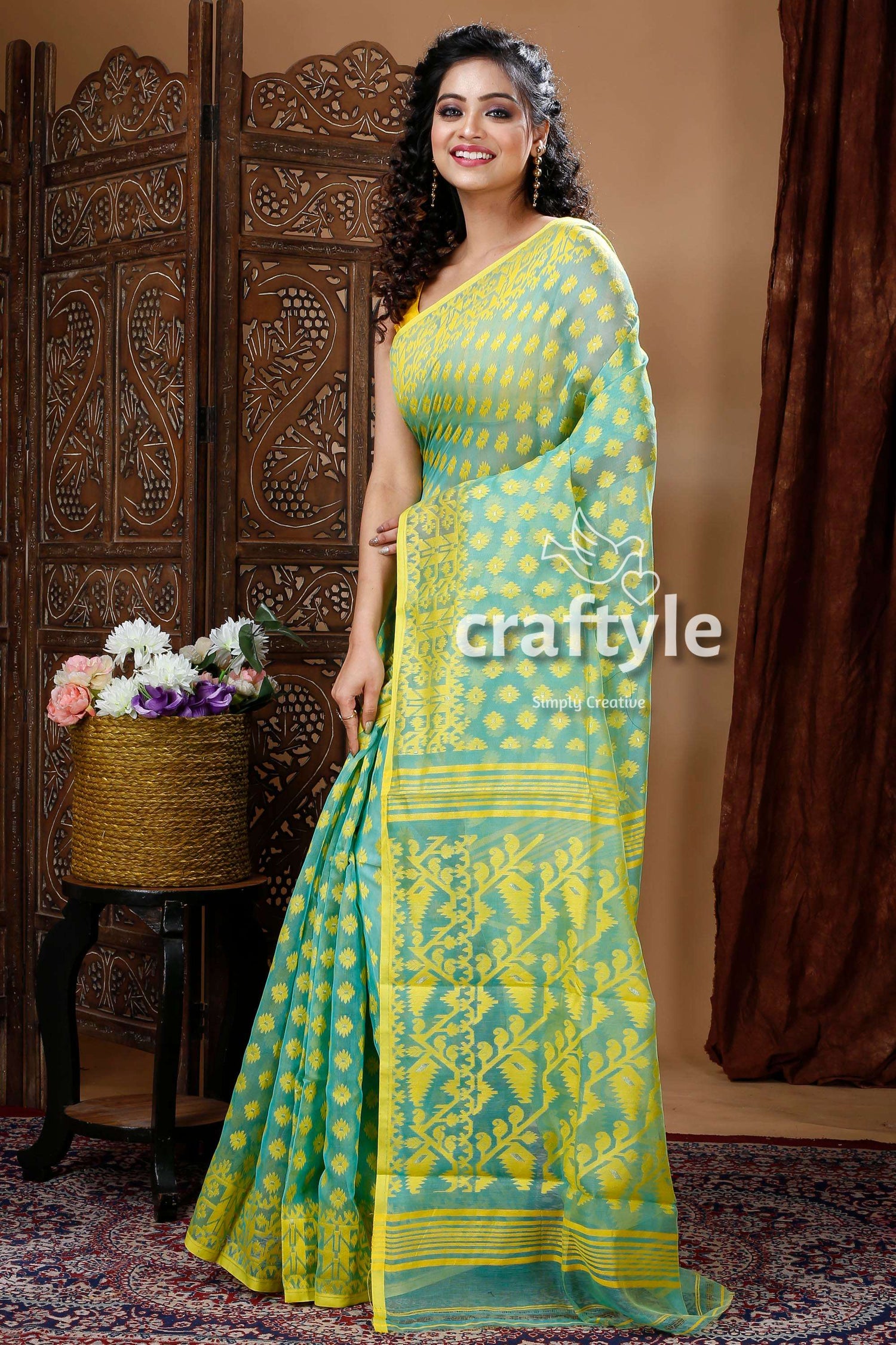 Sea Green Elegant Jamdani Saree for Women - Craftyle