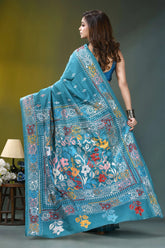 Sea green floral design hand kantha embroidery silk saree teal-colored silk saree adorned intricate 4