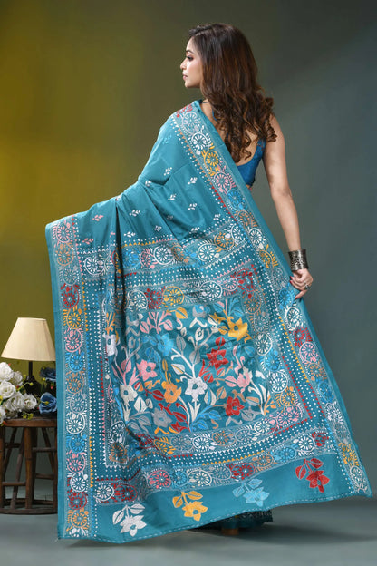 Sea green floral design hand kantha embroidery silk saree teal-colored silk saree adorned intricate 4