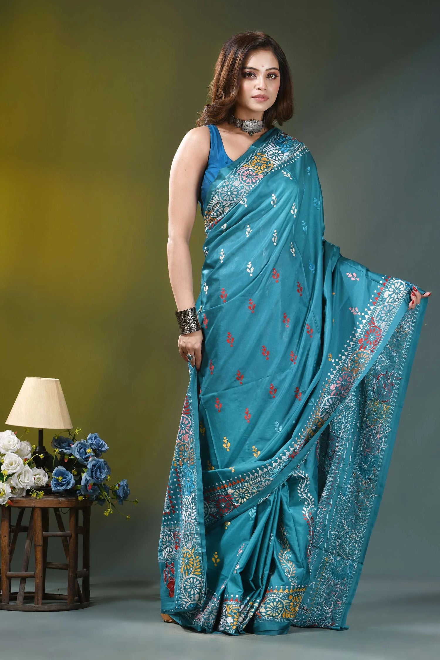 Sea green floral design hand kantha embroidery silk saree teal silk saree intricate gold 5