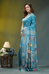 Sea green floral design hand kantha embroidery silk saree teal-colored silk saree adorned intricate 3