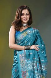 Sea green floral design hand kantha embroidery silk saree teal silk saree intricate floral 2