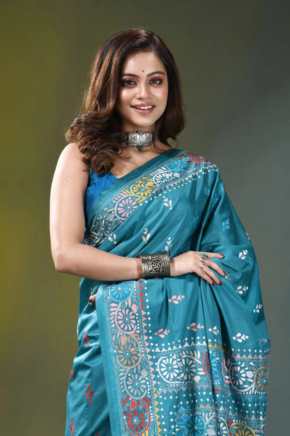 Sea green floral design hand kantha embroidery silk saree teal silk saree intricate floral 2