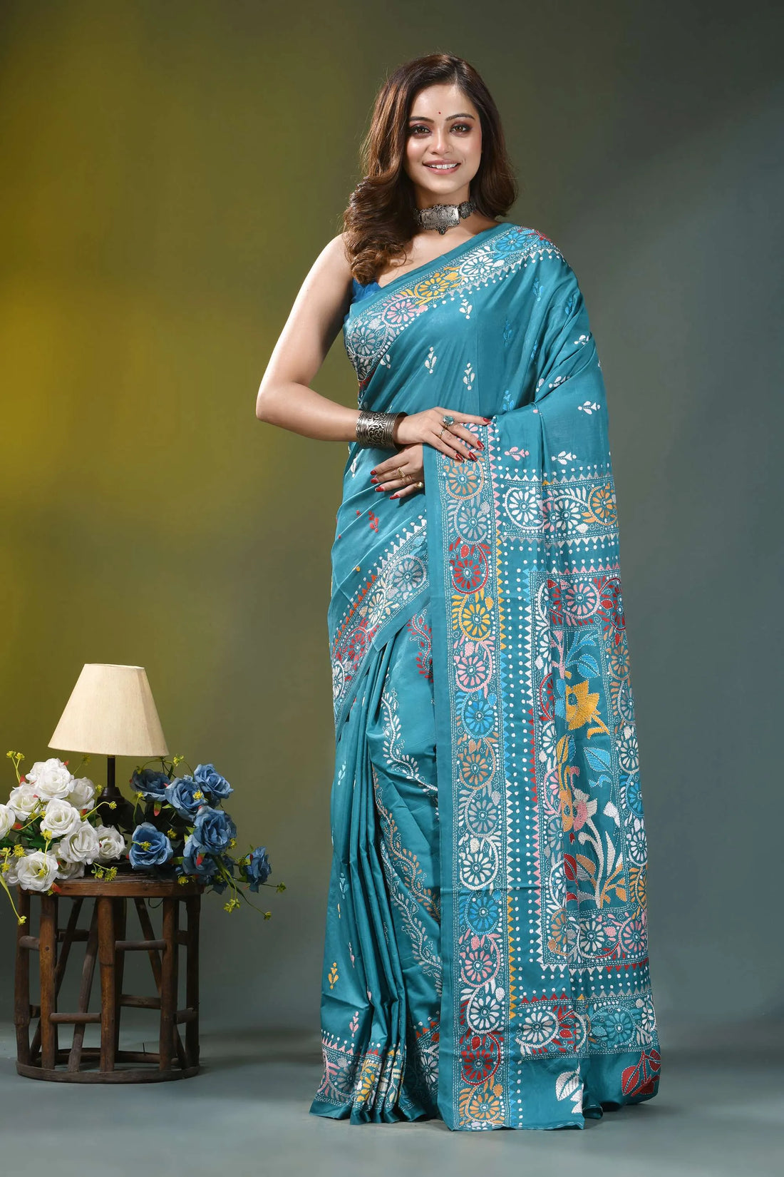 Sea green floral design hand kantha embroidery silk saree teal silk saree adorned intricate 1