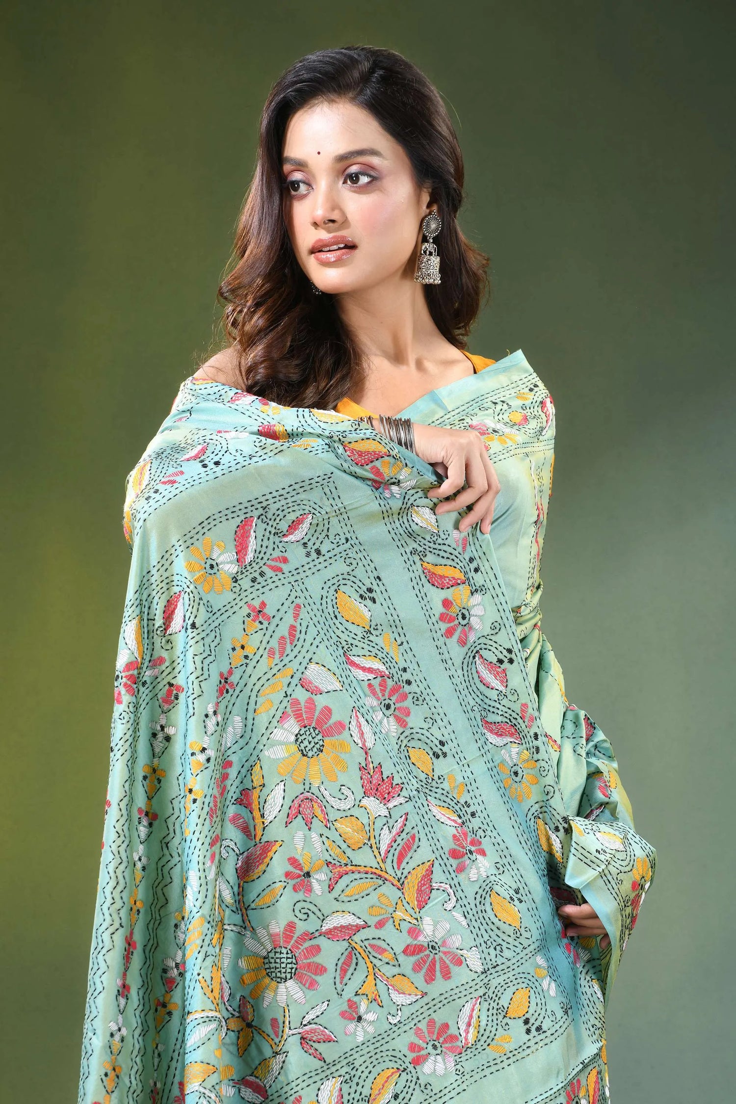 Sea green hand embroidered floral motif kantha work silk saree light mint adorned 2