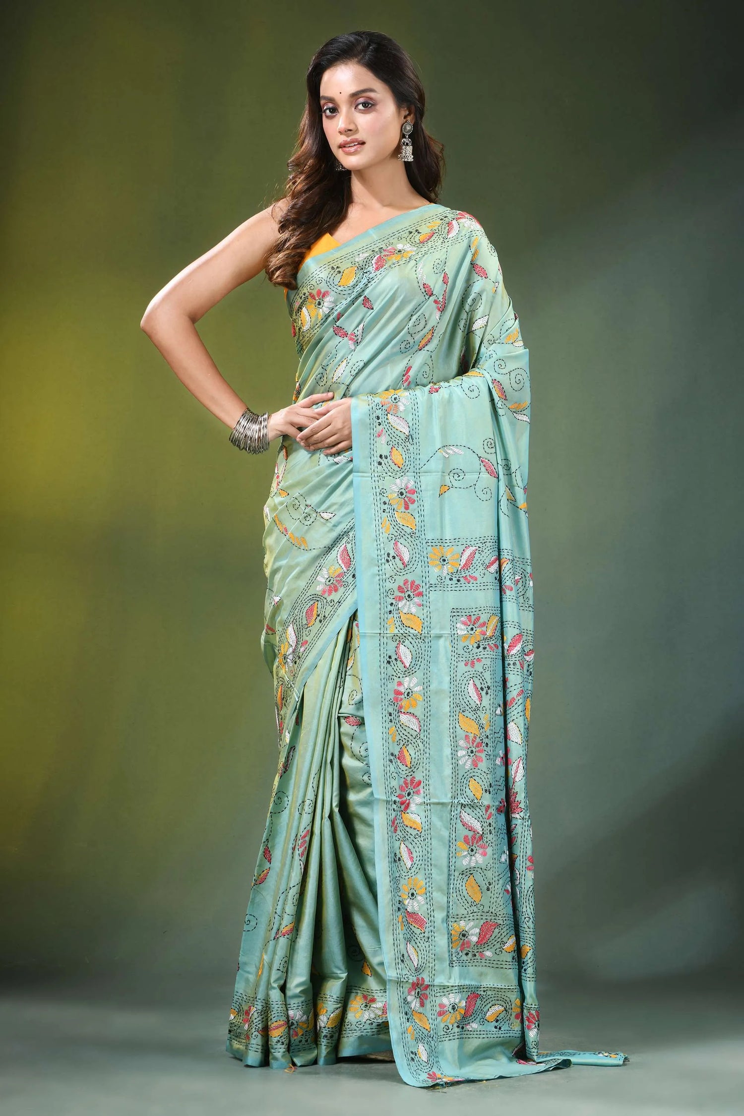 Sea green hand embroidered floral motif kantha work silk saree light mint 6