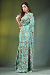 Sea green hand embroidered floral motif kantha work silk saree light teal adorned 3
