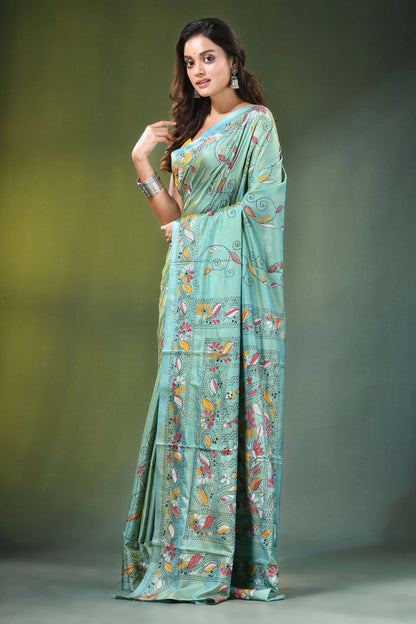 Sea green hand embroidered floral motif kantha work silk saree light teal adorned 3