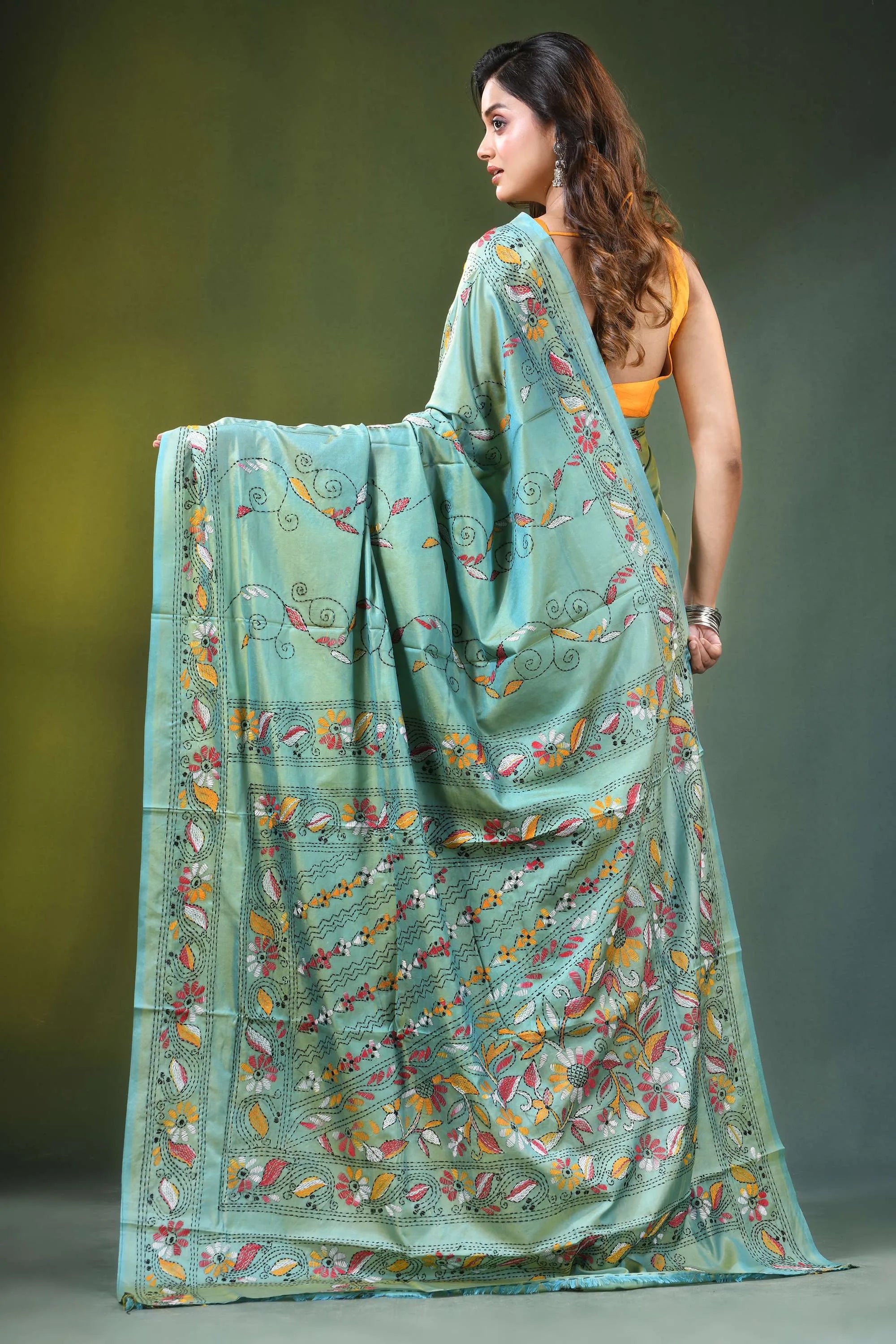 Sea green hand embroidered floral motif kantha work silk saree light teal adorned 5