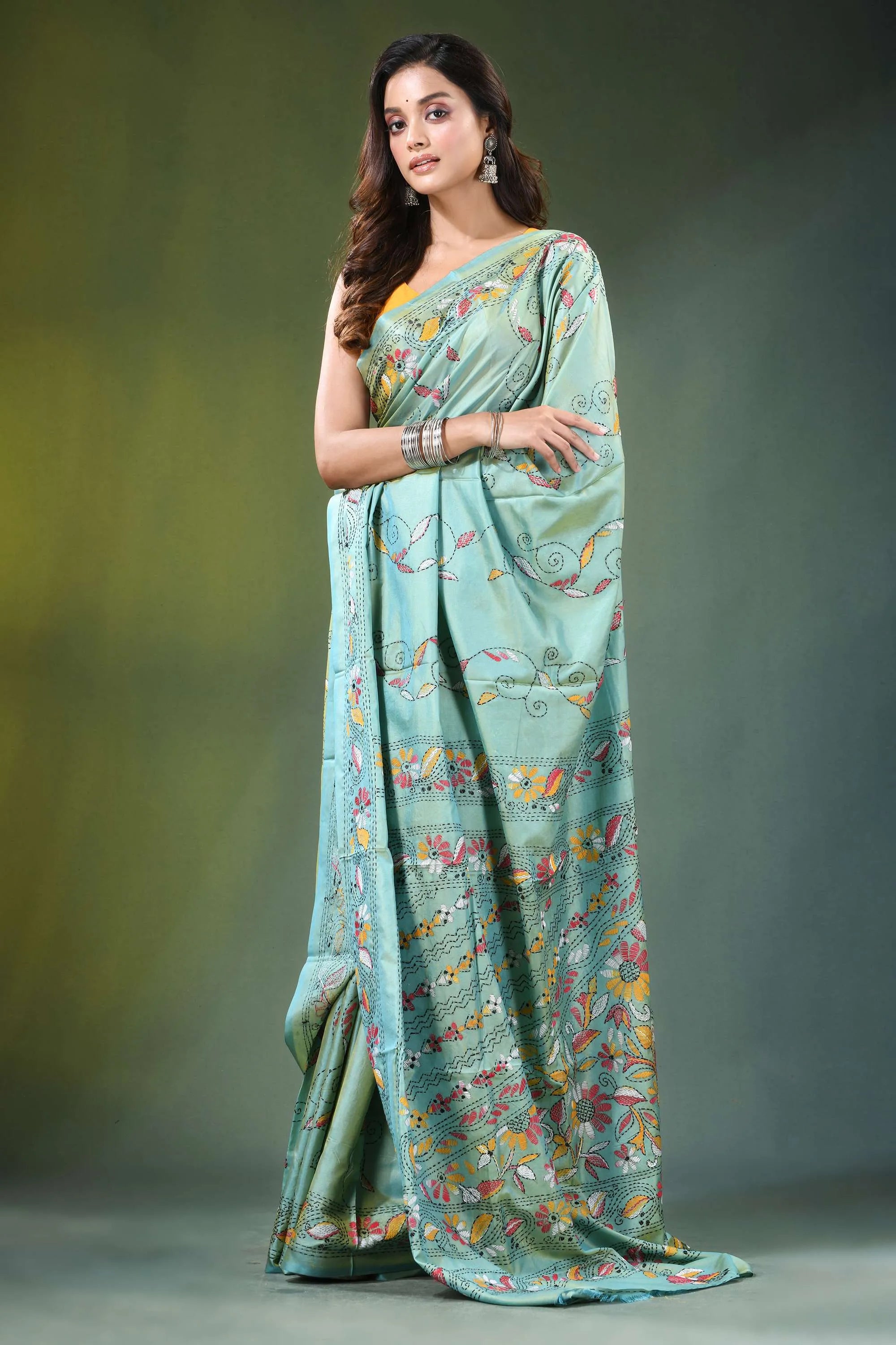 Sea green hand embroidered floral motif kantha work silk saree light teal adorned 4