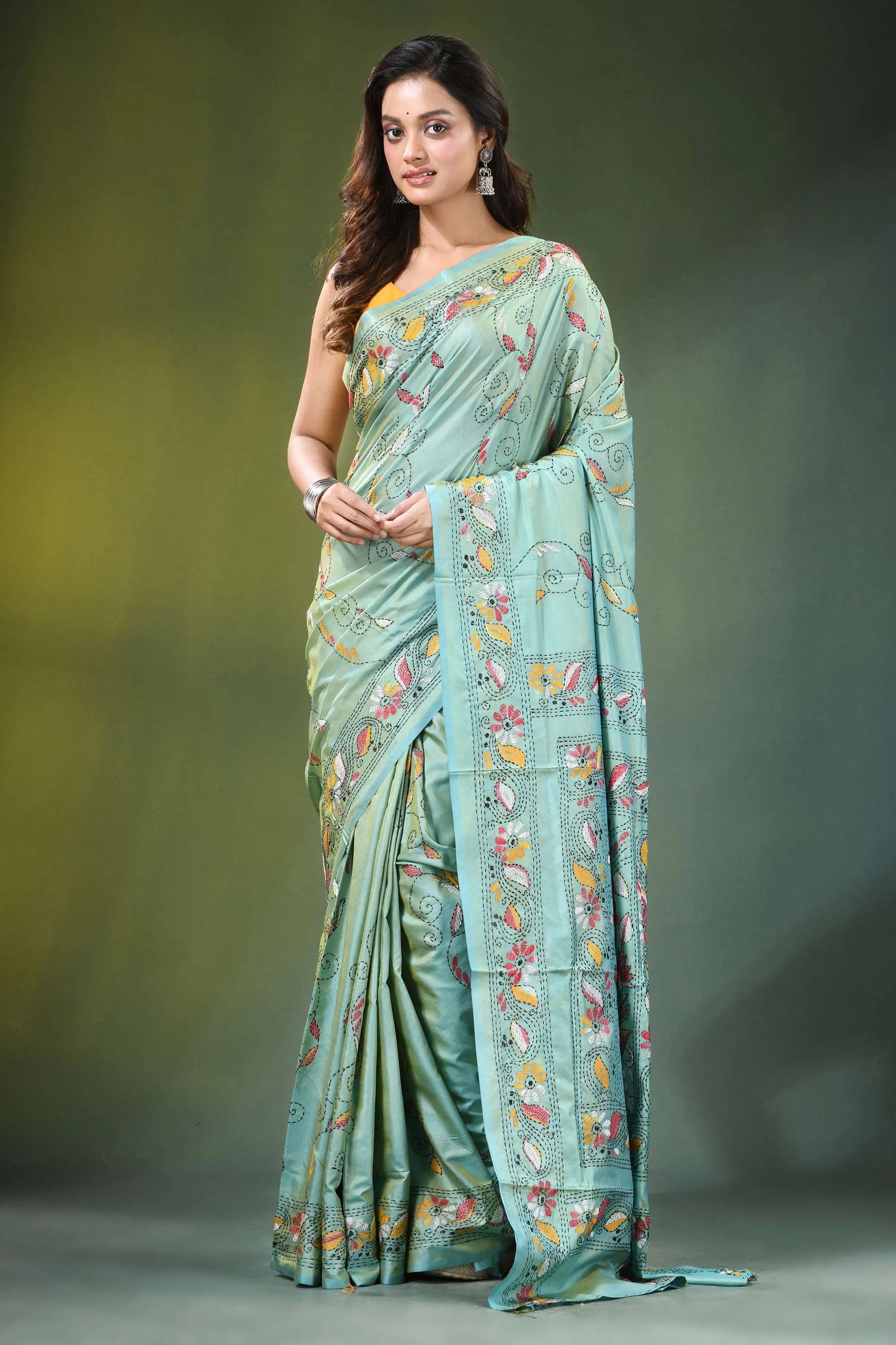 Sea green hand embroidered floral motif kantha work silk saree light mint 1