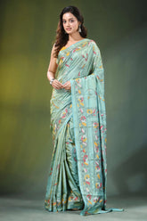 Sea green hand embroidered floral motif kantha work silk saree light mint 1