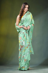 Sea green hand embroidered nature theme silk kantha saree light intricate floral 5