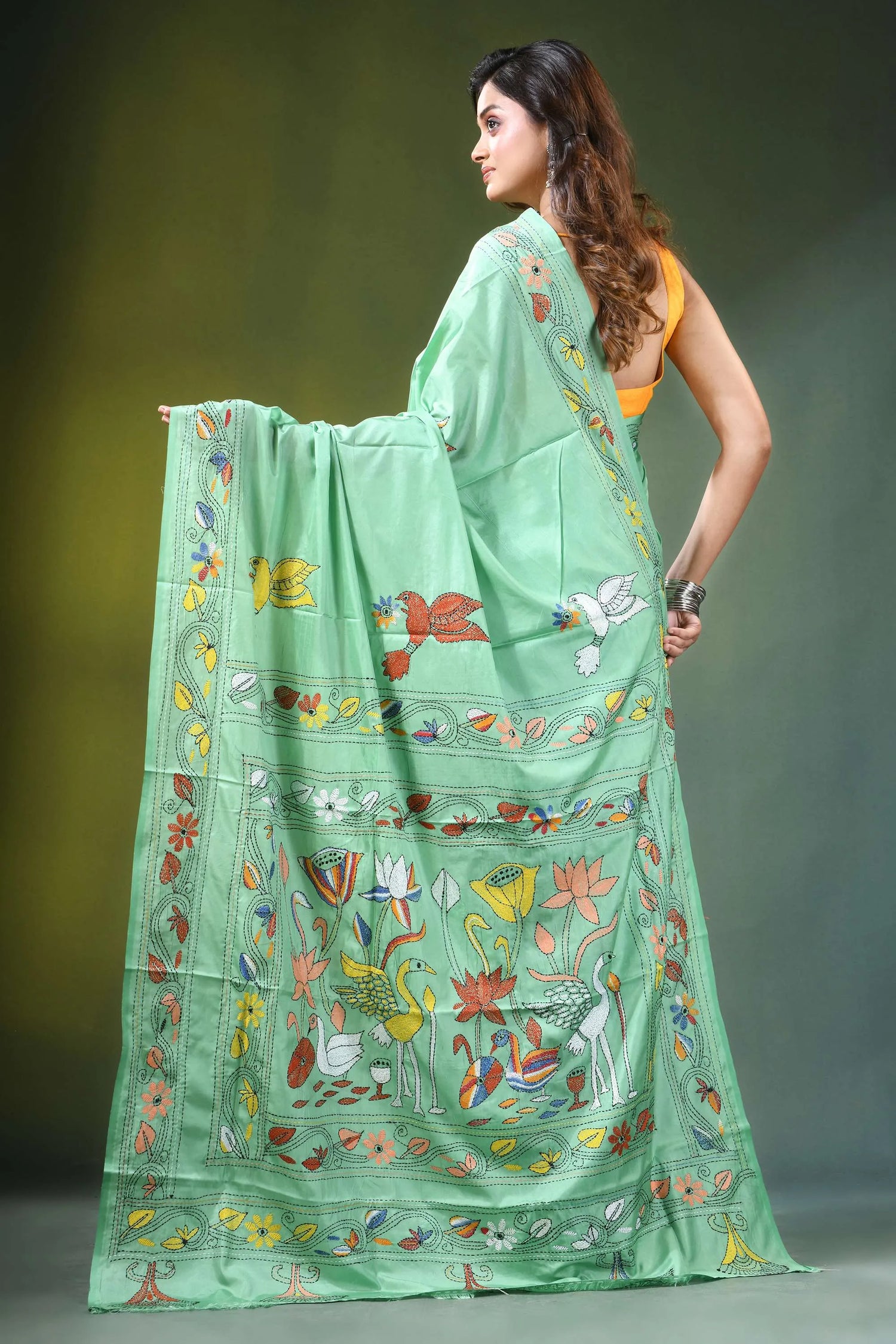 Sea green hand embroidered nature theme silk kantha saree light adorned vibrant 4