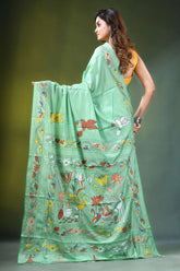 Sea green hand embroidered nature theme silk kantha saree light adorned vibrant 4