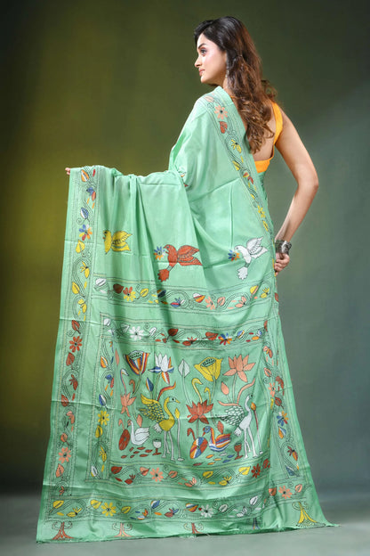 Sea green hand embroidered nature theme silk kantha saree light adorned vibrant 4