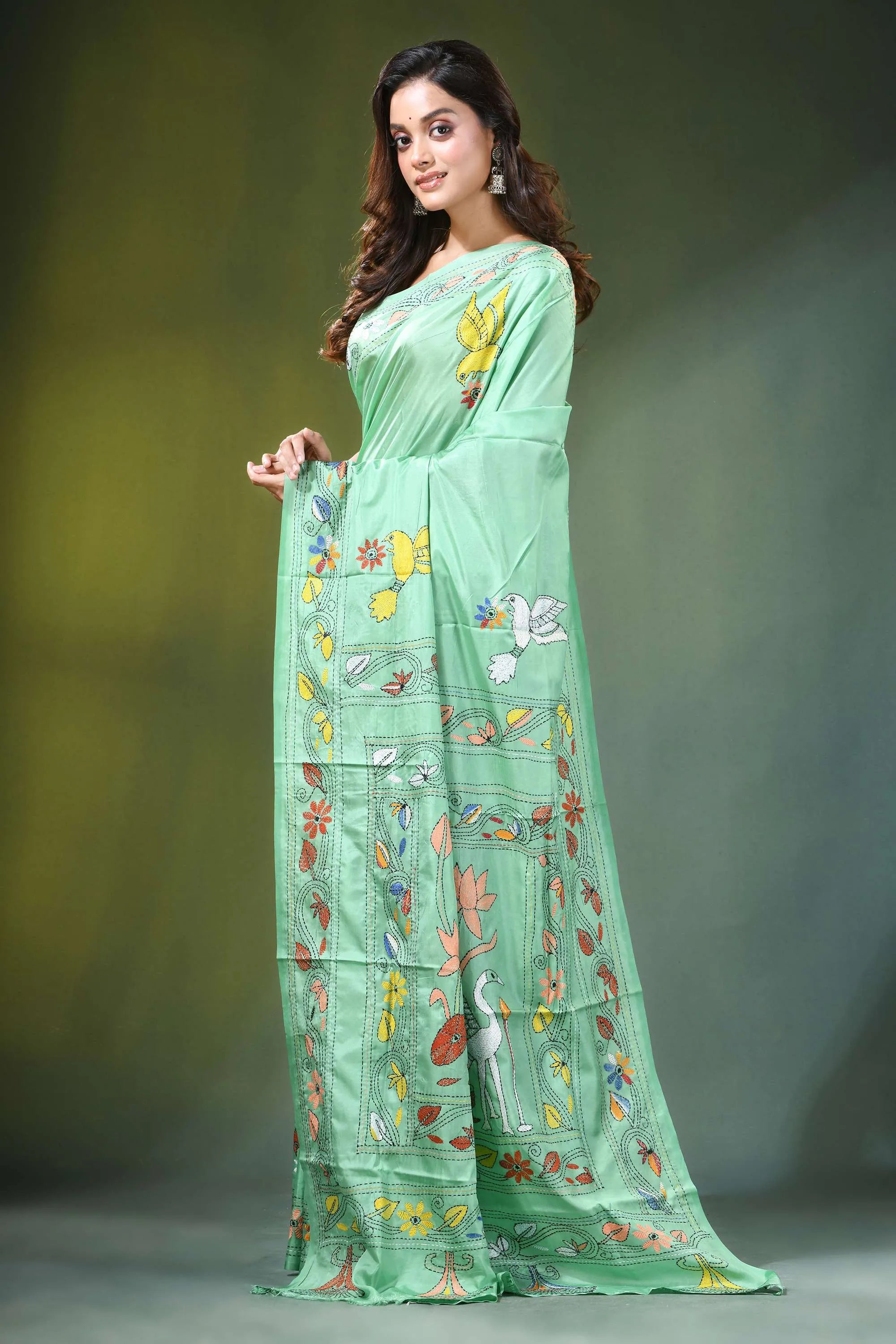 Sea green hand embroidered nature theme silk kantha saree light adorned 3