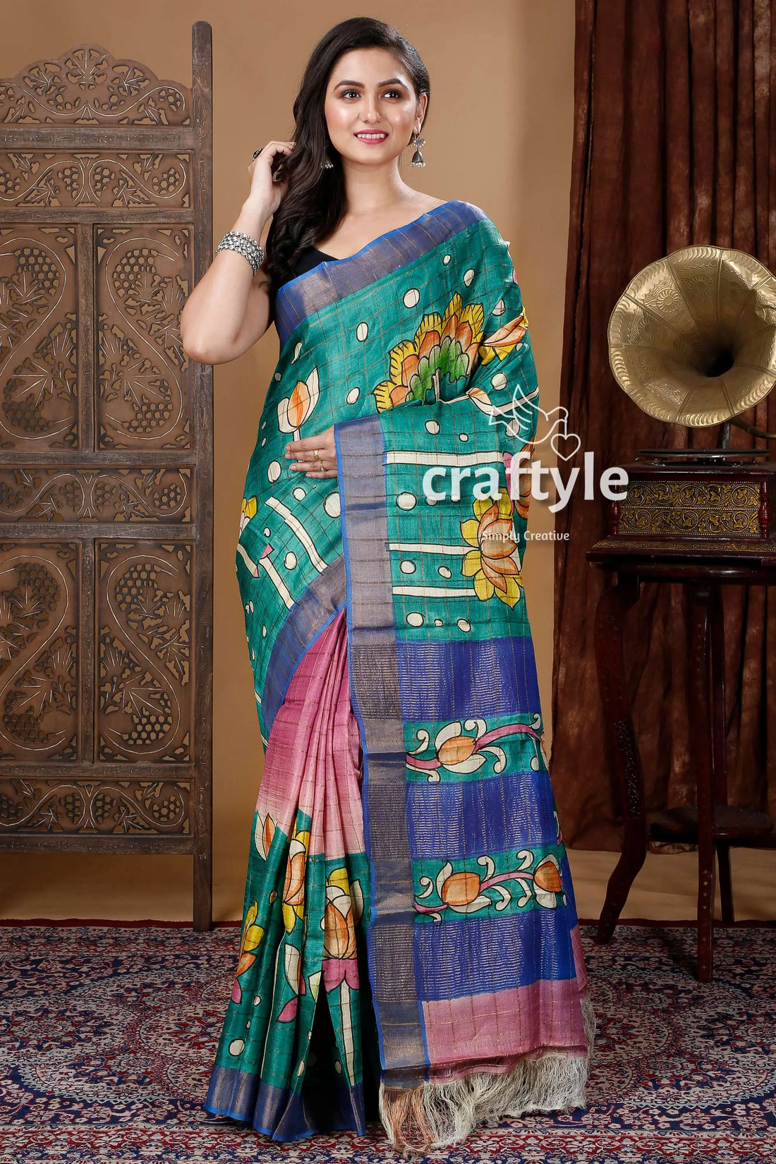 Sea green lotus design zari border pure tussar kalamkari sari woman green pink floral saree 1