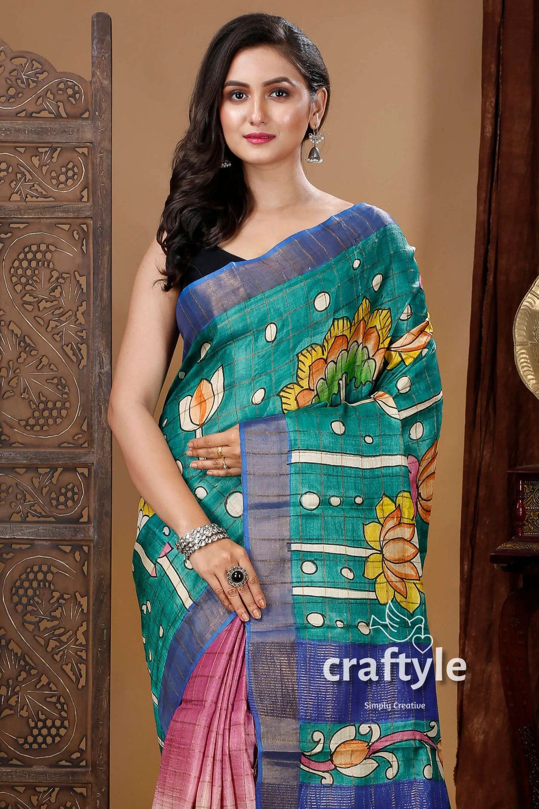 Sea green lotus design zari border pure tussar kalamkari sari woman green pink saree 2