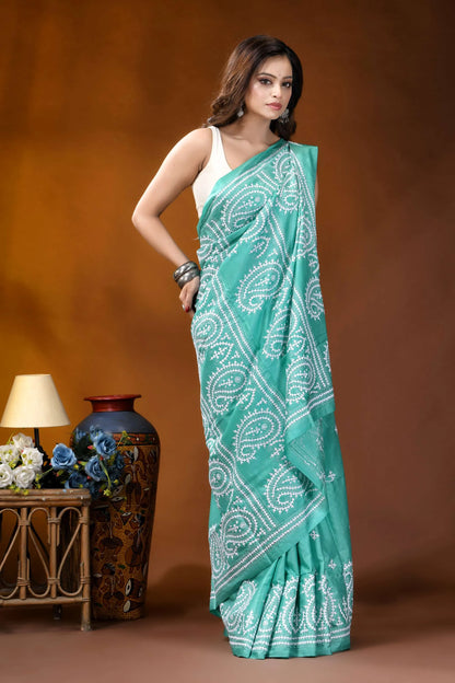 Sea green paisley motif handcrafted silk gujrati stitch saree teal saree intricate white paisley 5