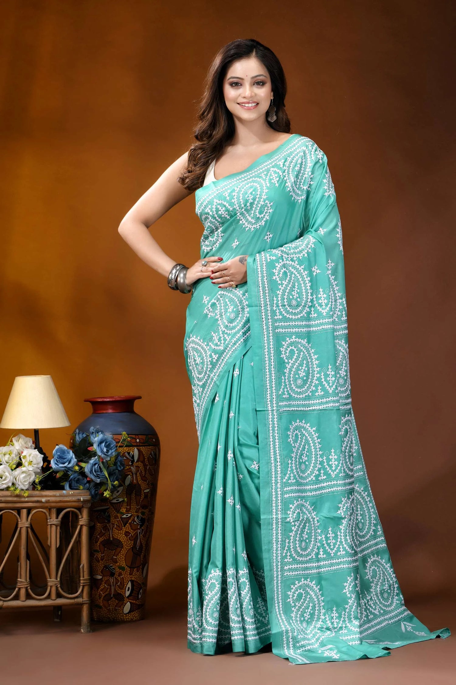 Sea green paisley motif handcrafted silk gujrati stitch saree teal-colored saree intricate white paisley 1