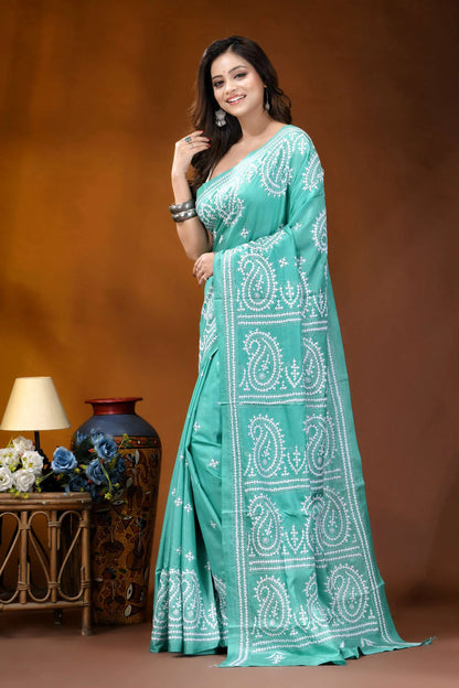 Sea green paisley motif handcrafted silk gujrati stitch saree teal-colored saree intricate white paisley 3
