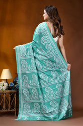 Sea green paisley motif handcrafted silk gujrati stitch saree teal-colored saree intricate white paisley 4
