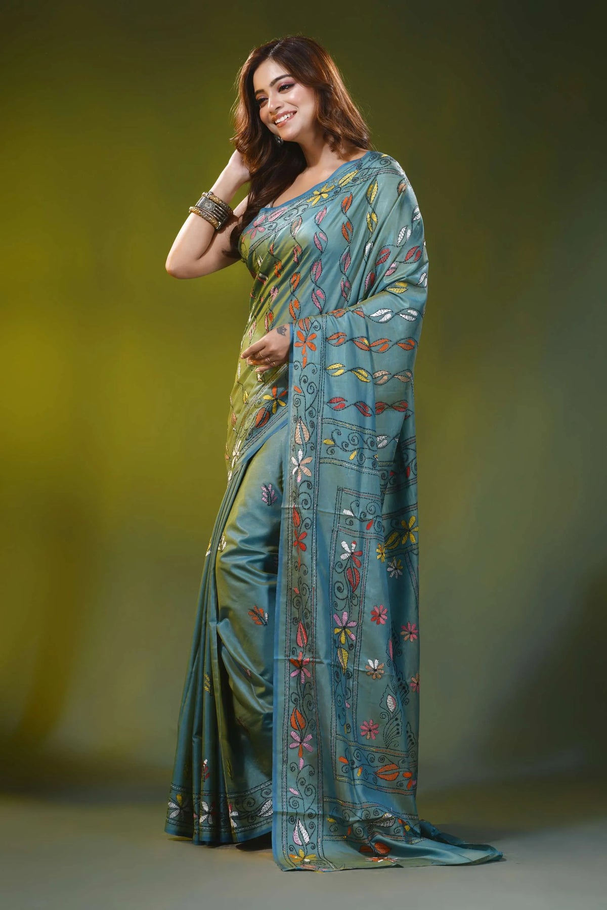 Sea green silk kantha saree with handmade multicolor bird motif 3