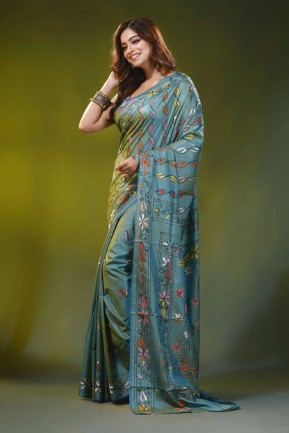 Sea green silk kantha saree with handmade multicolor bird motif 3