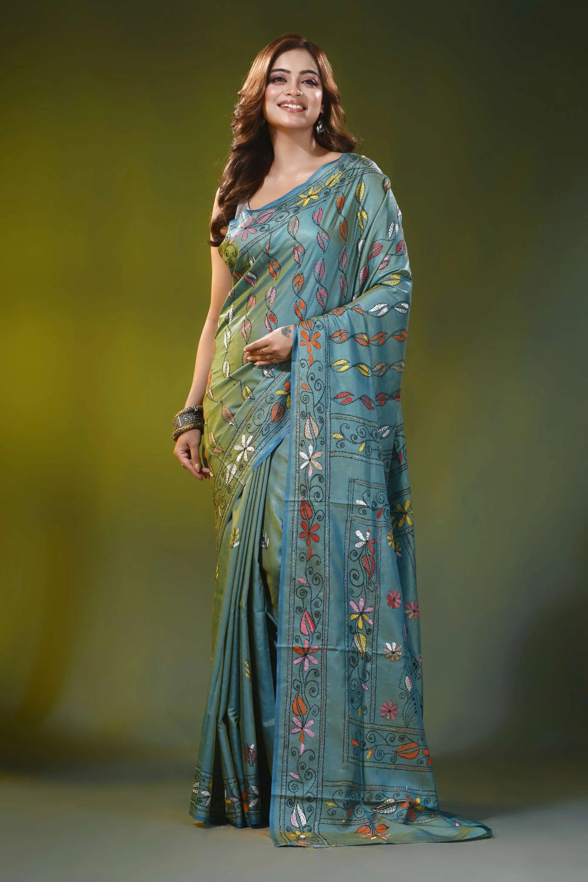 Sea green silk kantha saree with handmade multicolor bird motif 6