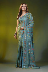 Sea green silk kantha saree with handmade multicolor bird motif 6