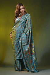 Sea green silk kantha saree with handmade multicolor bird motif 4