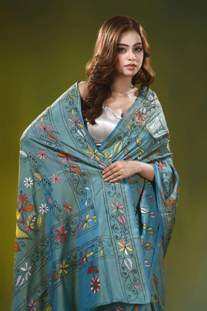 Sea green silk kantha saree with handmade multicolor bird motif 2