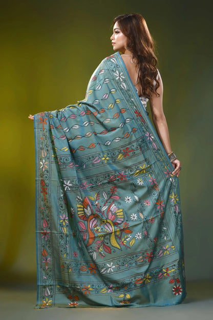 Sea green silk kantha saree with handmade multicolor bird motif 5