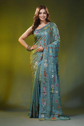 Sea green silk kantha saree with handmade multicolor bird motif 1