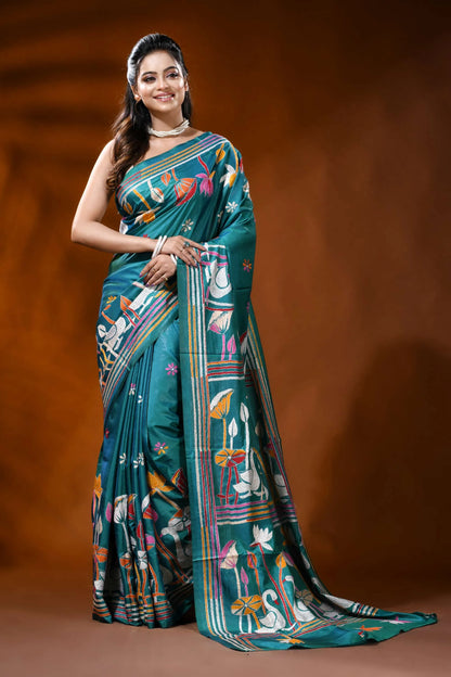 Sea green silk kantha stitch saree with swan lotus nature design 6