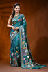 Sea green silk kantha stitch saree with swan lotus nature design 1