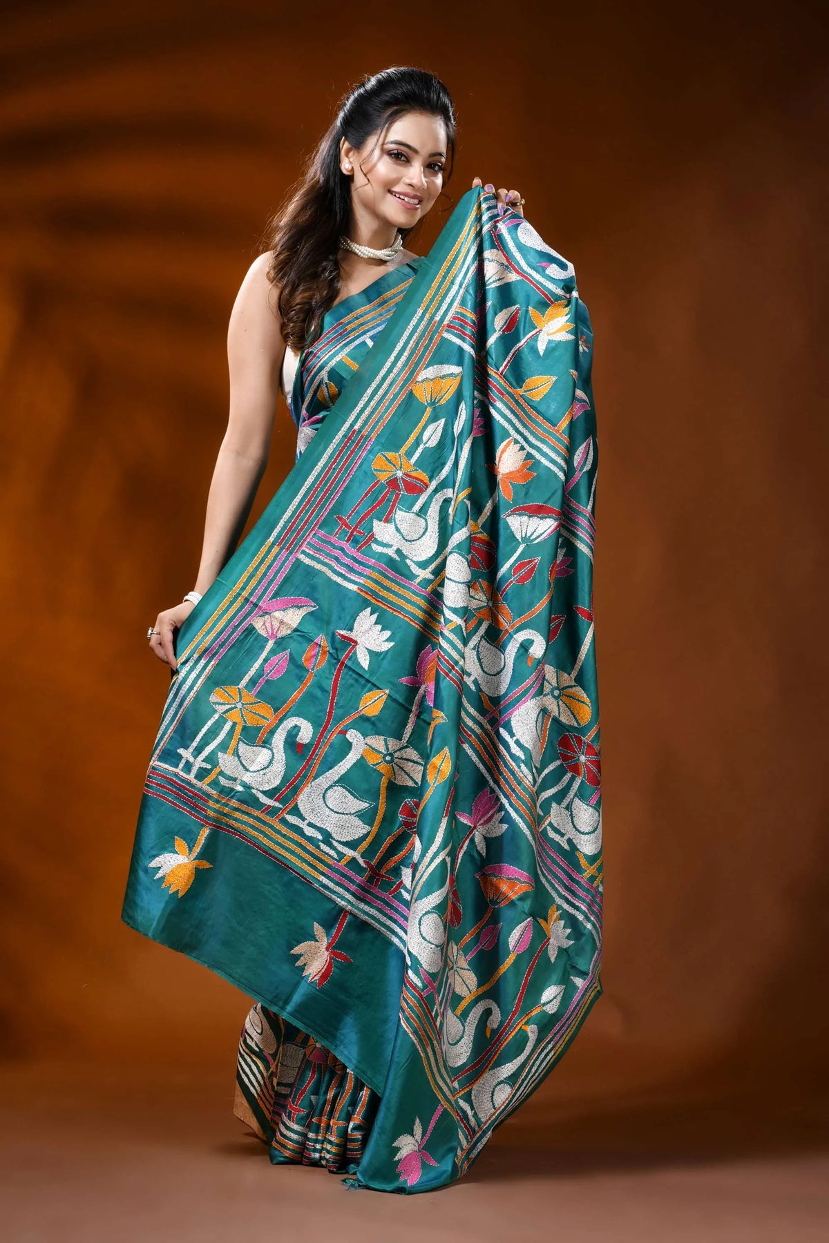 Sea green silk kantha stitch saree with swan lotus nature design 4