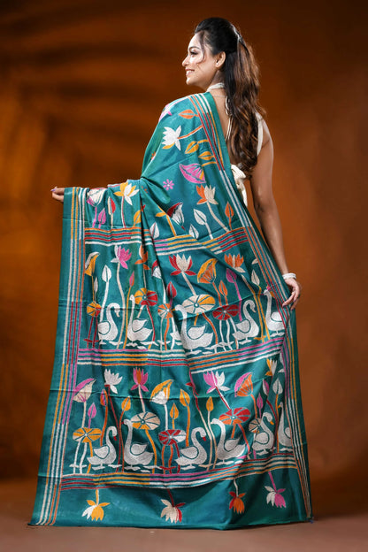 Sea green silk kantha stitch saree with swan lotus nature design 5